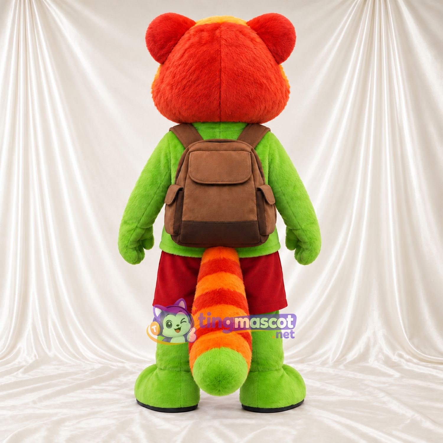 Green and Orange Red Panda Mascot Costume - Red Shorts and Brown Backpack Green and Orange Red Panda Mascot Costume - Red Shorts and Brown Backpack