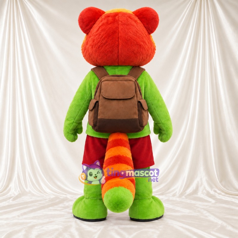 Green and Orange Red Panda Mascot Costume - Red Shorts and Brown Backpack Green and Orange Red Panda Mascot Costume - Red Shorts and Brown Backpack