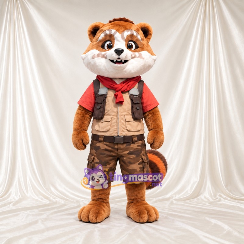 Orange and Brown Red Panda Mascot Costume - Beige Vest, Red Scarf and Camouflage Shorts Orange and Brown Red Panda Mascot Costume - Beige Vest, Red Scarf and Camouflage Shorts