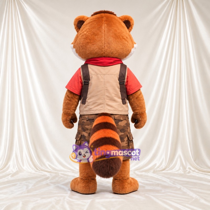 Orange and Brown Red Panda Mascot Costume - Beige Vest, Red Scarf and Camouflage Shorts Orange and Brown Red Panda Mascot Costume - Beige Vest, Red Scarf and Camouflage Shorts