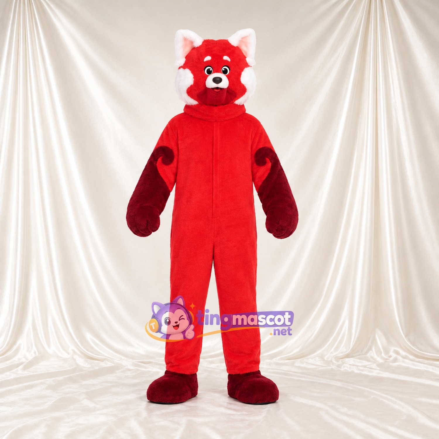 Costume de mascotte Panda roux – rouge – Gants (rouge); Pieds (rouge) Costume de mascotte Panda roux – rouge – Gants (rouge); Pieds (rouge)