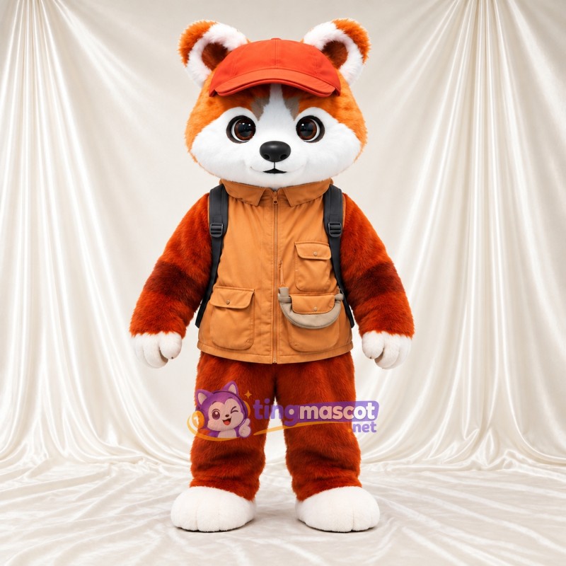 Costume de mascotte Panda roux – orange / marron – Casquette (orange); Gilet Costume de mascotte Panda roux – orange / marron – Casquette (orange); Gilet