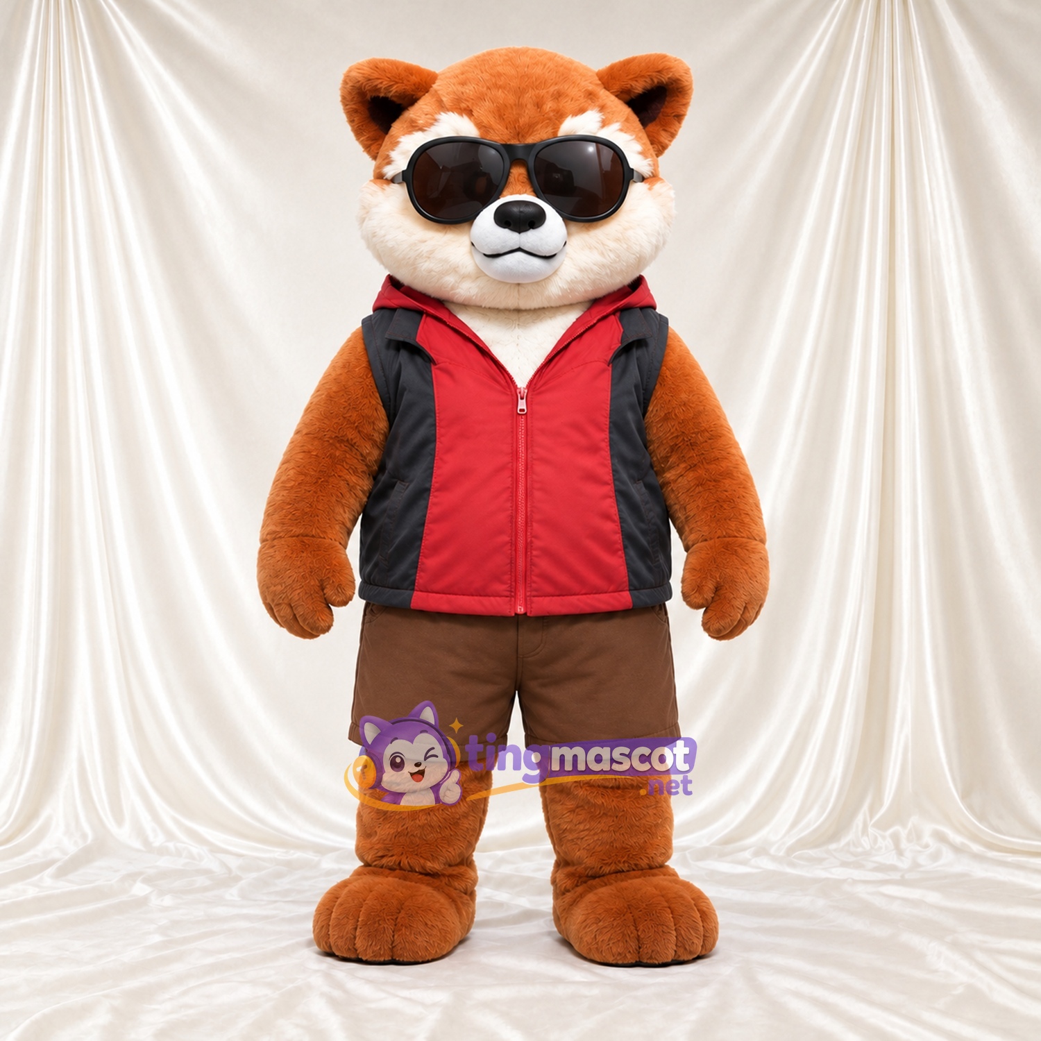 Brown and White Red Panda Mascot Costume - Red Vest, Brown Shorts and Sunglasses Brown and White Red Panda Mascot Costume - Red Vest, Brown Shorts and Sunglasses
