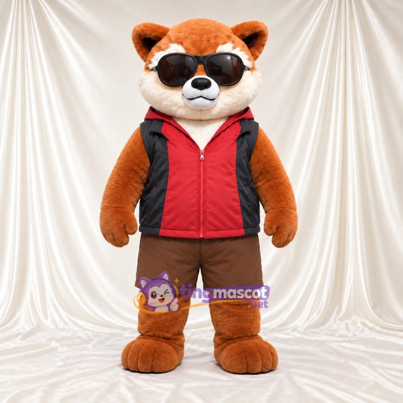 Brown and White Red Panda Mascot Costume - Red Vest, Brown Shorts and Sunglasses Brown and White Red Panda Mascot Costume - Red Vest, Brown Shorts and Sunglasses