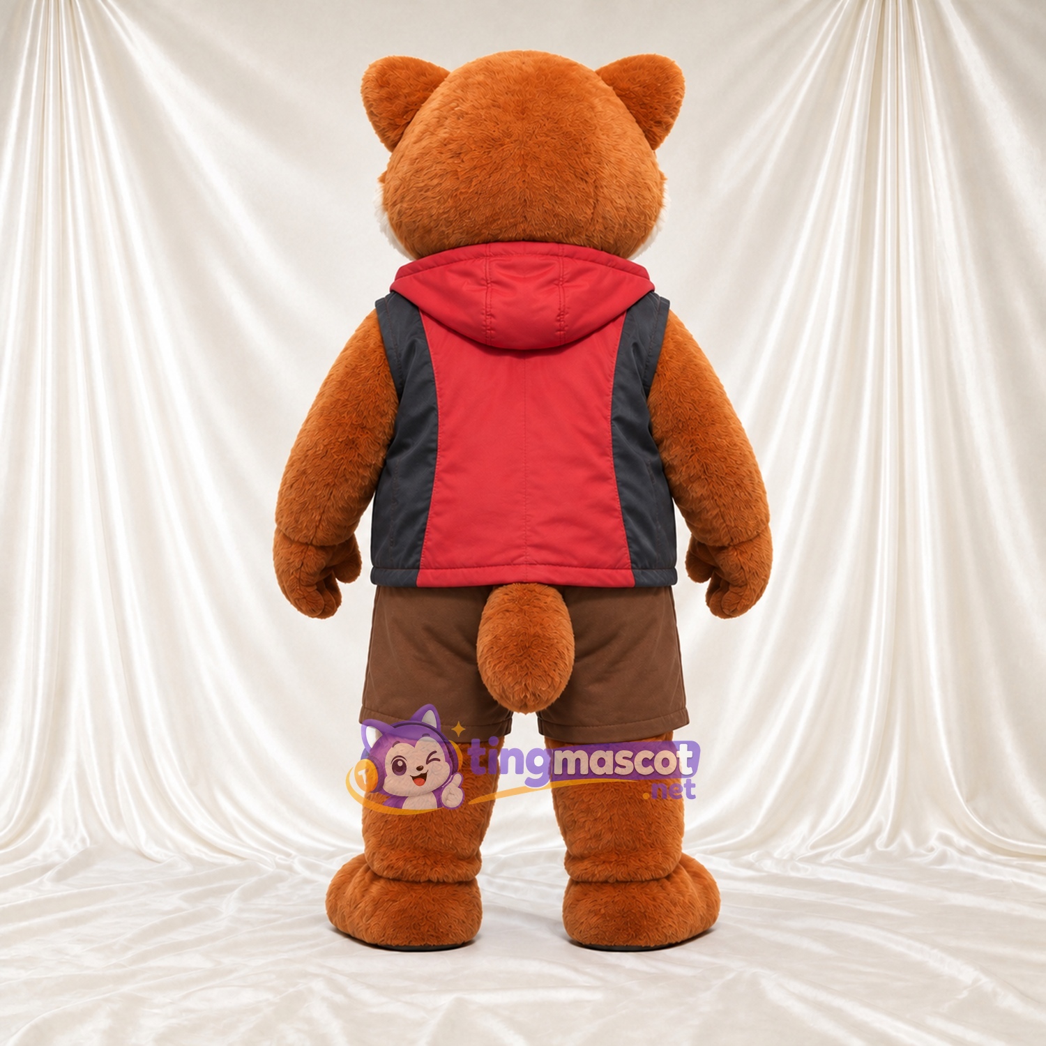 Brown and White Red Panda Mascot Costume - Red Vest, Brown Shorts and Sunglasses Brown and White Red Panda Mascot Costume - Red Vest, Brown Shorts and Sunglasses