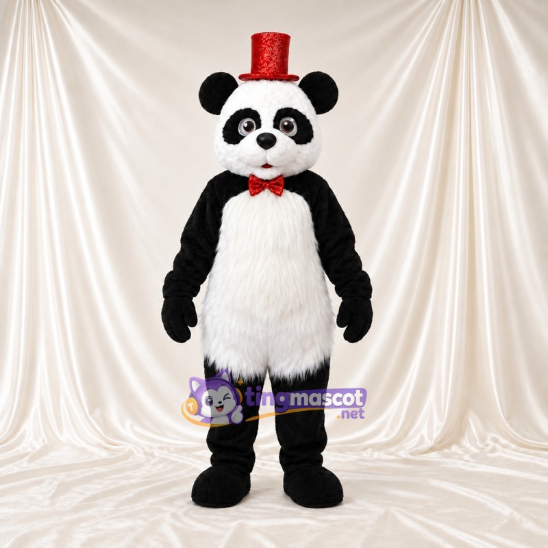 Black and White Panda Mascot Costume - Red Top Hat, Red Bow and Shaggy Fur Black and White Panda Mascot Costume - Red Top Hat, Red Bow and Shaggy Fur