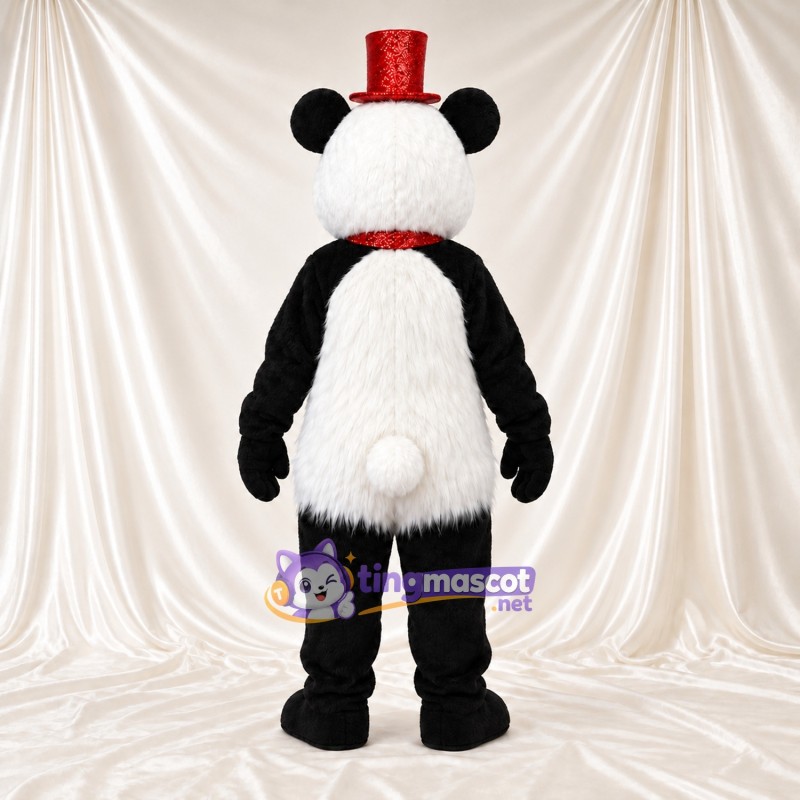 Black and White Panda Mascot Costume - Red Top Hat, Red Bow and Shaggy Fur Black and White Panda Mascot Costume - Red Top Hat, Red Bow and Shaggy Fur