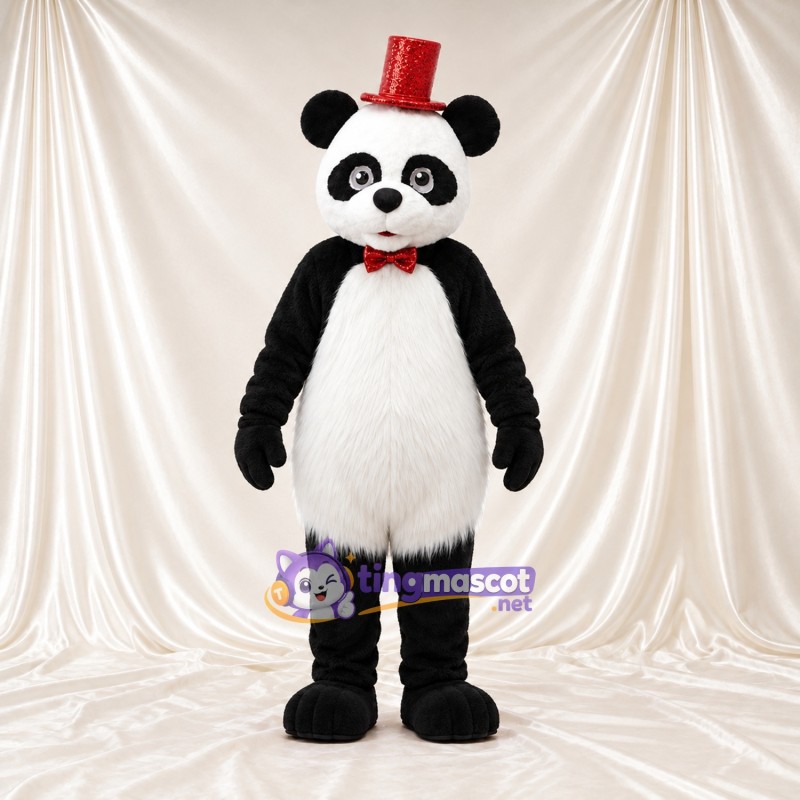 Black and White Panda Mascot Costume - Red Top Hat, White Tail and Red Bow Black and White Panda Mascot Costume - Red Top Hat, White Tail and Red Bow
