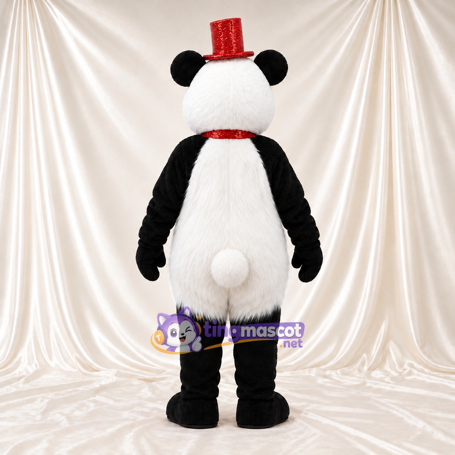 Black and White Panda Mascot Costume - Red Top Hat, White Tail and Red Bow Black and White Panda Mascot Costume - Red Top Hat, White Tail and Red Bow
