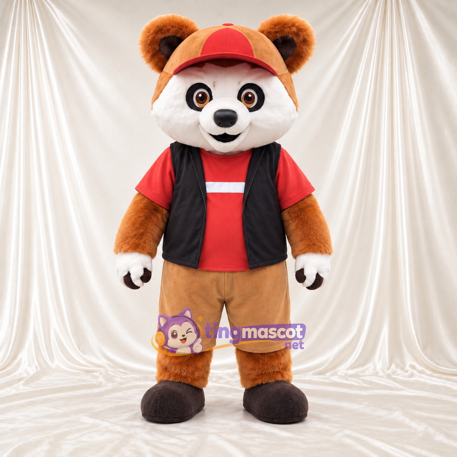 Costume de mascotte Panda roux – marron – Casquette (rouge); Gilet (noir)