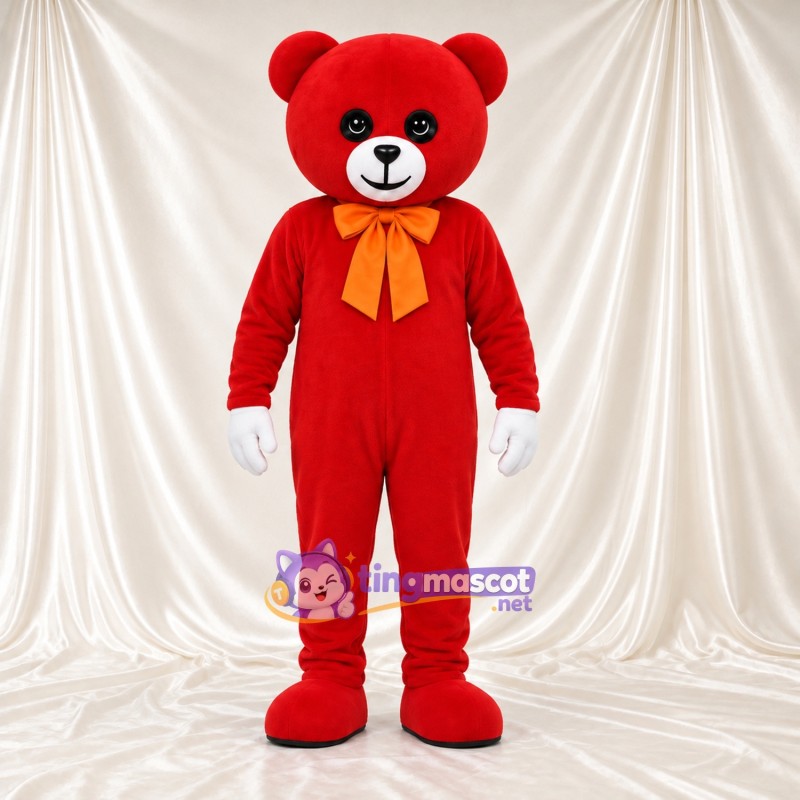 Maskottchenkostüm Bär – rot – Schleife (gelb) Maskottchenkostüm Bär – rot – Schleife (gelb)
