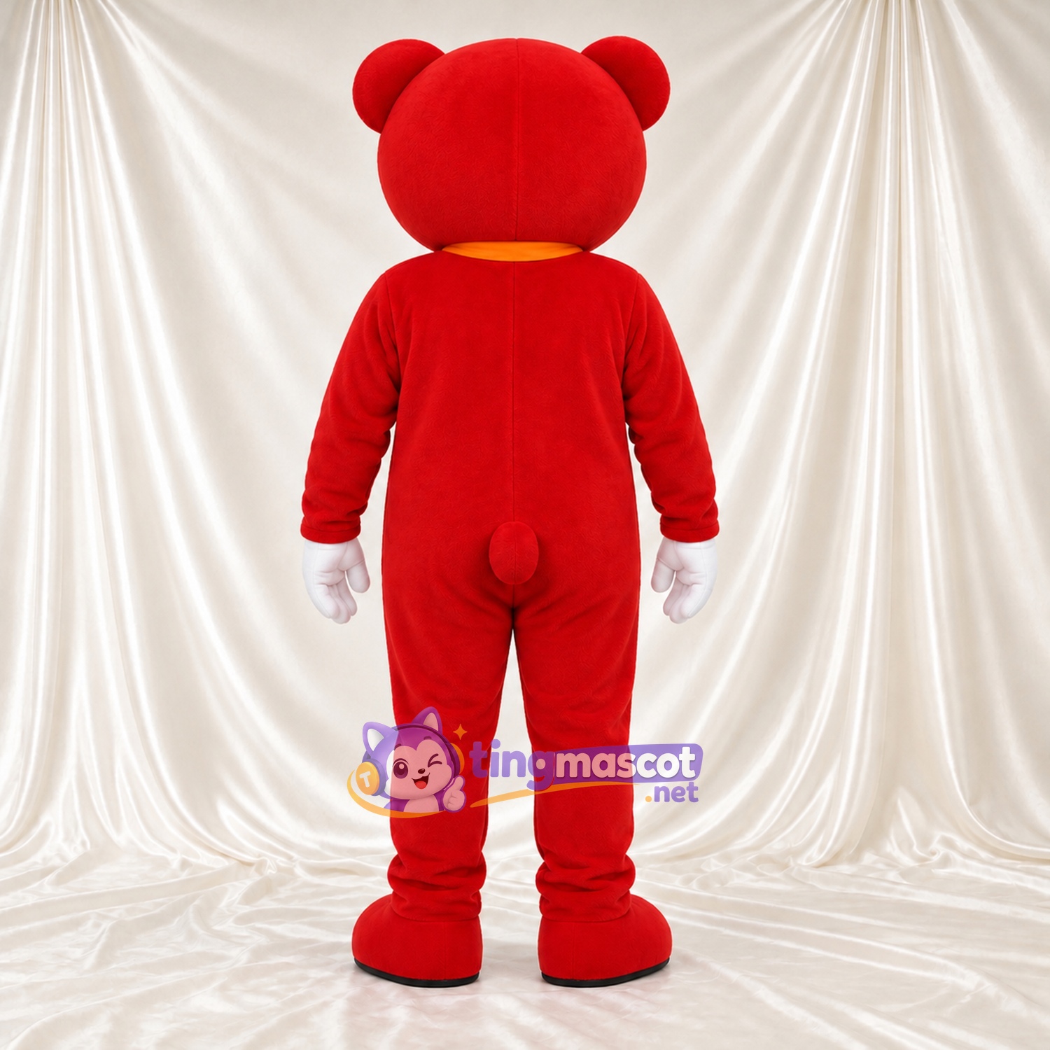 Maskottchenkostüm Bär – rot – Schleife (gelb) Maskottchenkostüm Bär – rot – Schleife (gelb)