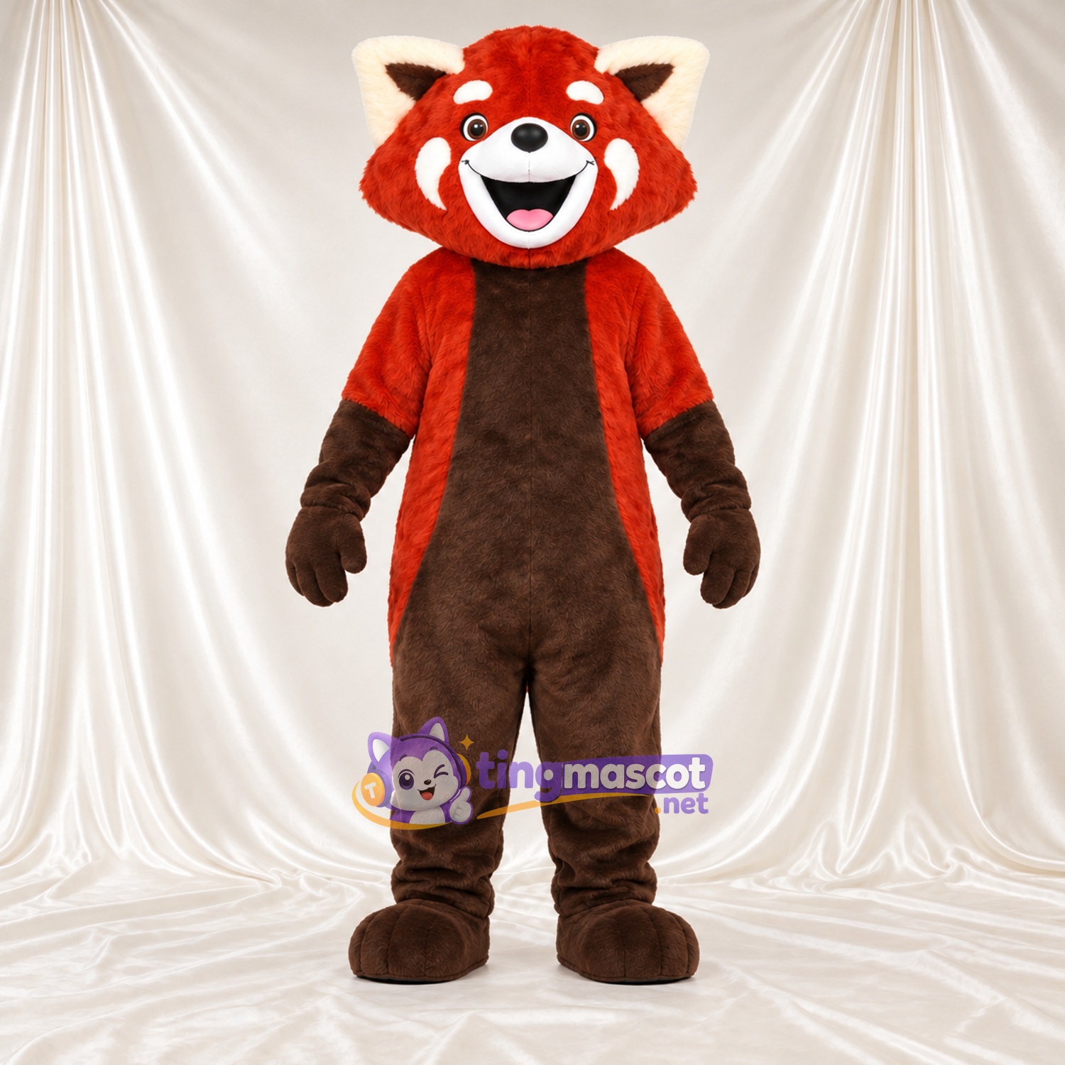 Costume de mascotte Panda roux – rouge / marron – Ventre (marron); Queue rayée (blanc) Costume de mascotte Panda roux – rouge / marron – Ventre (marron); Queue rayée (blanc)