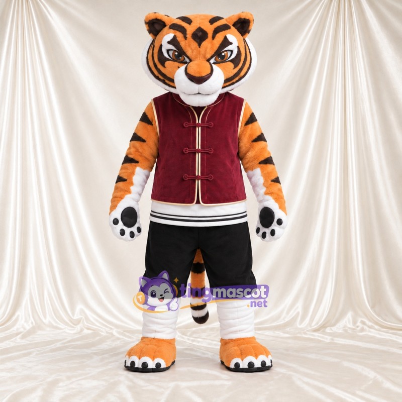 Costume de mascotte Tigre – orange / noir – Gilet (bordeaux foncé); Short (noir) Costume de mascotte Tigre – orange / noir – Gilet (bordeaux foncé); Short (noir)