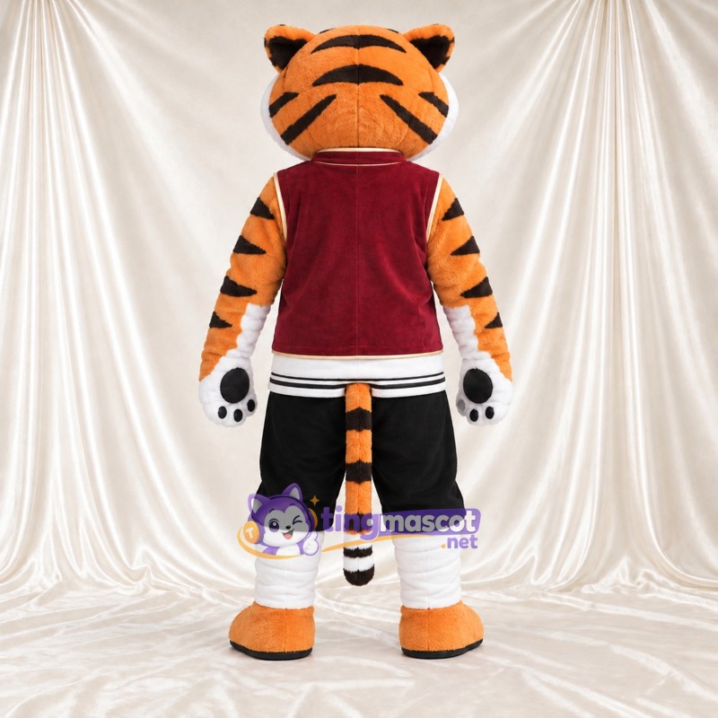 Costume de mascotte Tigre – orange / noir – Gilet (bordeaux foncé); Short (noir) Costume de mascotte Tigre – orange / noir – Gilet (bordeaux foncé); Short (noir)