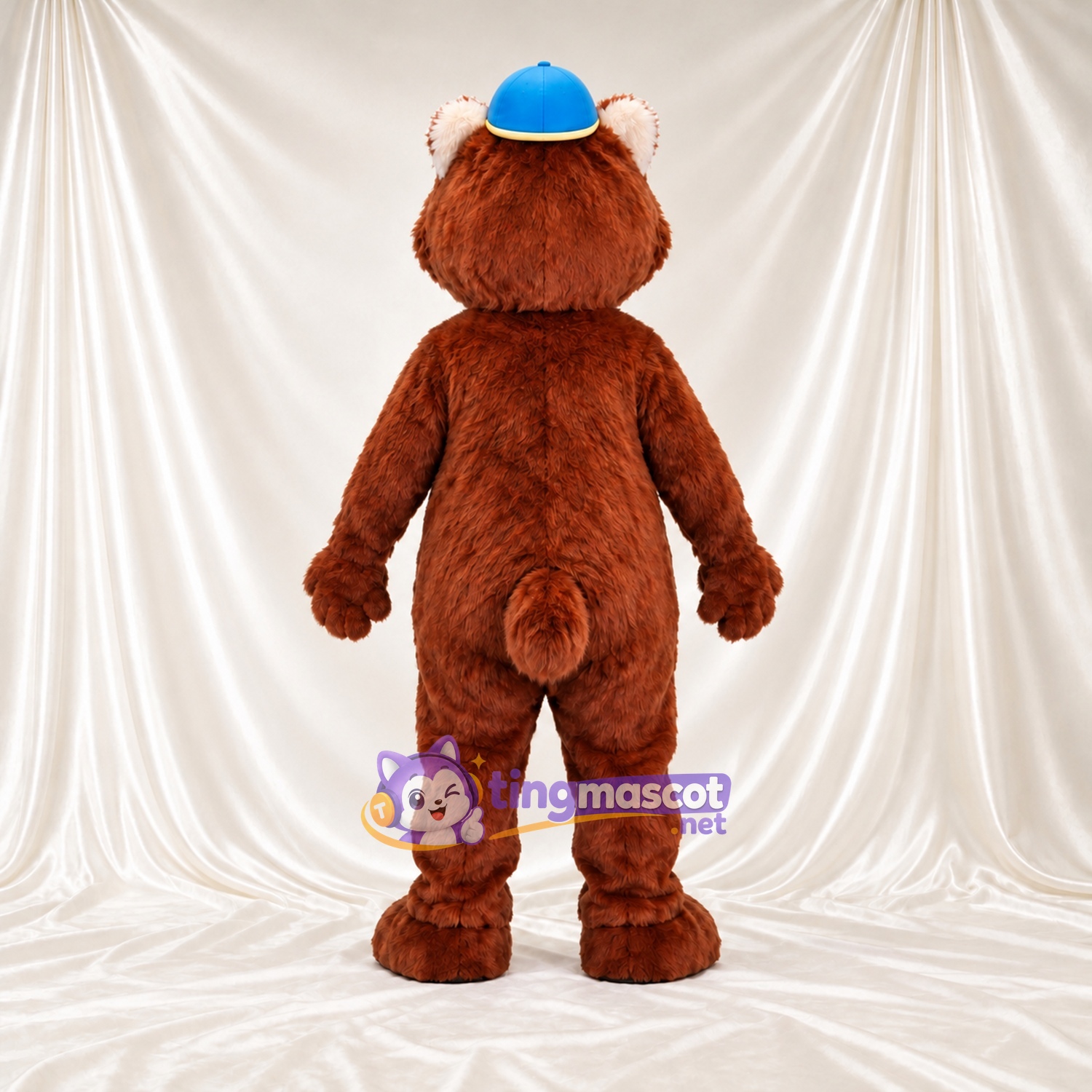 Maskottchenkostüm Bär – braun – Kappe (blau) Maskottchenkostüm Bär – braun – Kappe (blau)