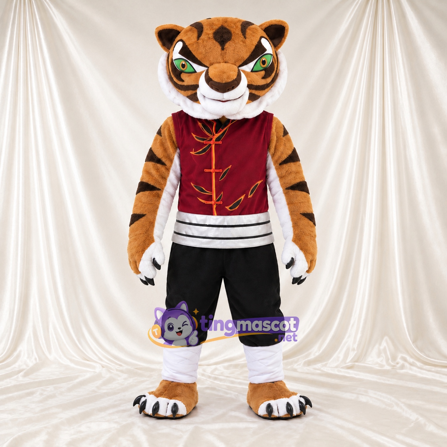 Costume de mascotte Tigre – orange / noir – Gilet (bordeaux foncé); Short (noir) Costume de mascotte Tigre – orange / noir – Gilet (bordeaux foncé); Short (noir)