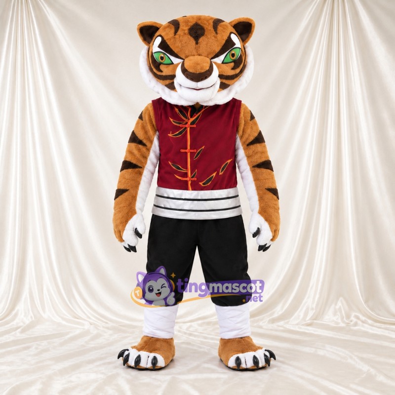 Costume de mascotte Tigre – orange / noir – Gilet (bordeaux foncé); Short (noir) Costume de mascotte Tigre – orange / noir – Gilet (bordeaux foncé); Short (noir)