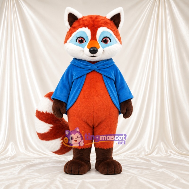 Costume de mascotte Panda roux – orange / marron – Cape (bleu) Costume de mascotte Panda roux – orange / marron – Cape (bleu)