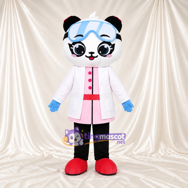 Costume de mascotte Panda – noir / blanc – Blouse de laboratoire (blanc); Lunettes de protection (bleu) Costume de mascotte Panda – noir / blanc – Blouse de laboratoire (blanc); Lunettes de protection (bleu)