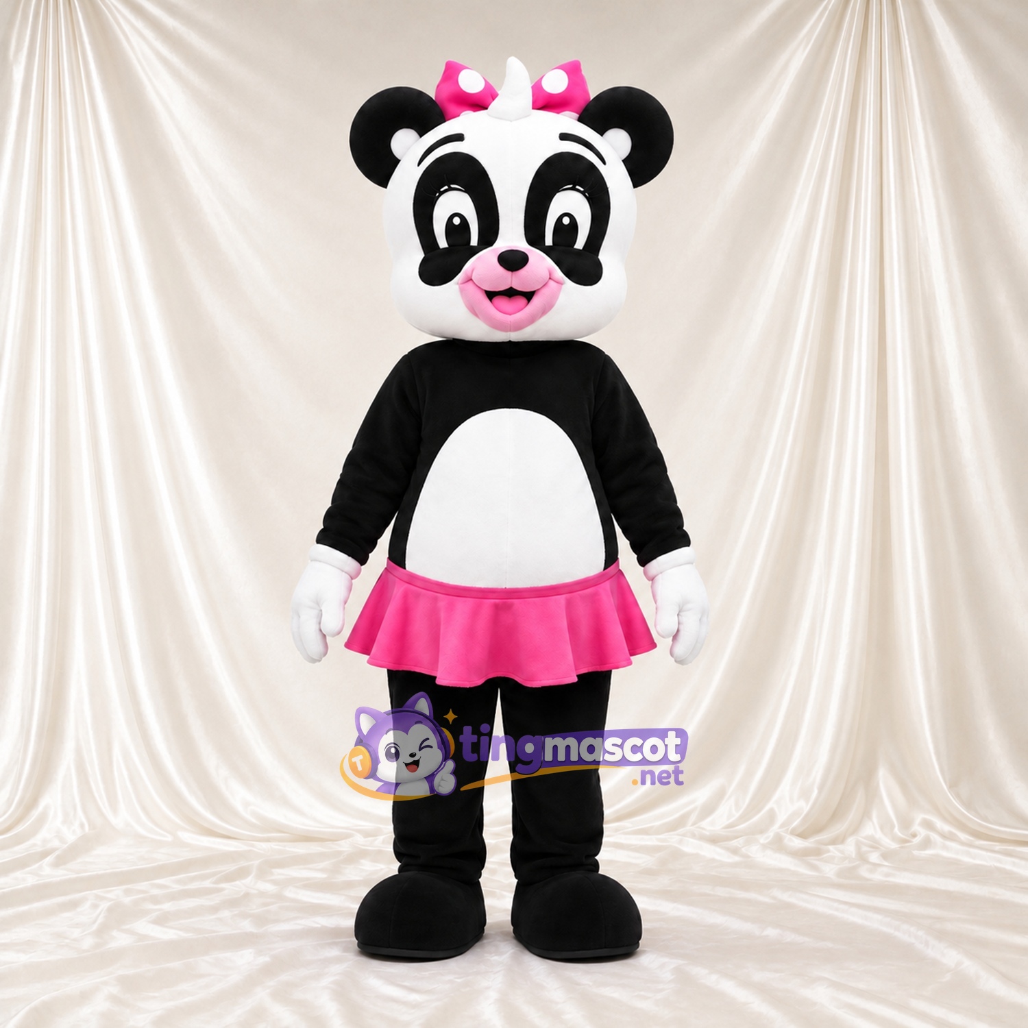Costume de mascotte Panda – noir / blanc – Jupe (rose); Nœud