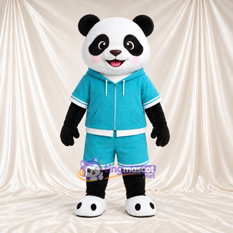 Black and White Panda Mascot Costume - Teal Hoodie and Shorts Black and White Panda Mascot Costume - Teal Hoodie and Shorts