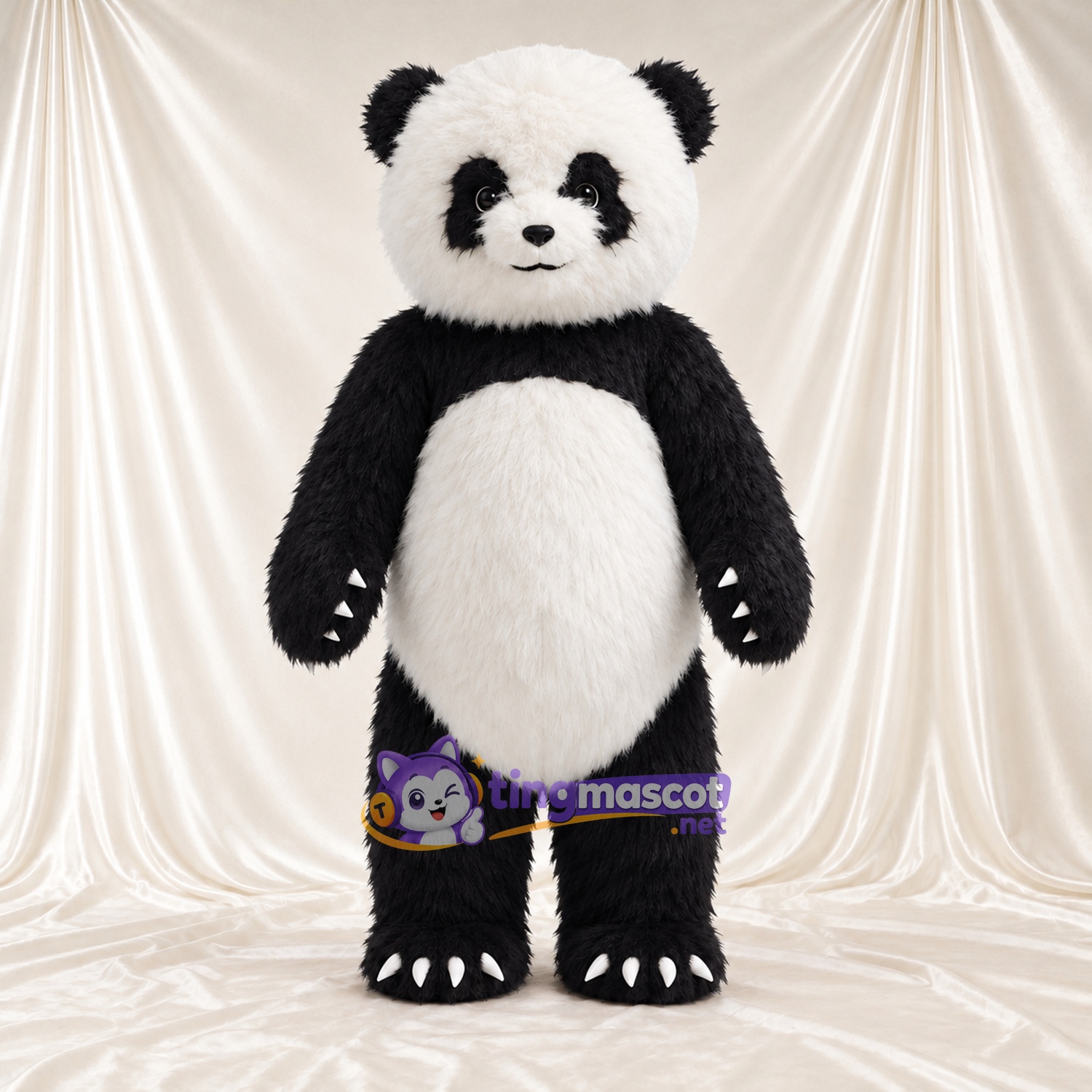 Black and White Panda Mascot Costume - Shaggy Fur and Black Tail Black and White Panda Mascot Costume - Shaggy Fur and Black Tail