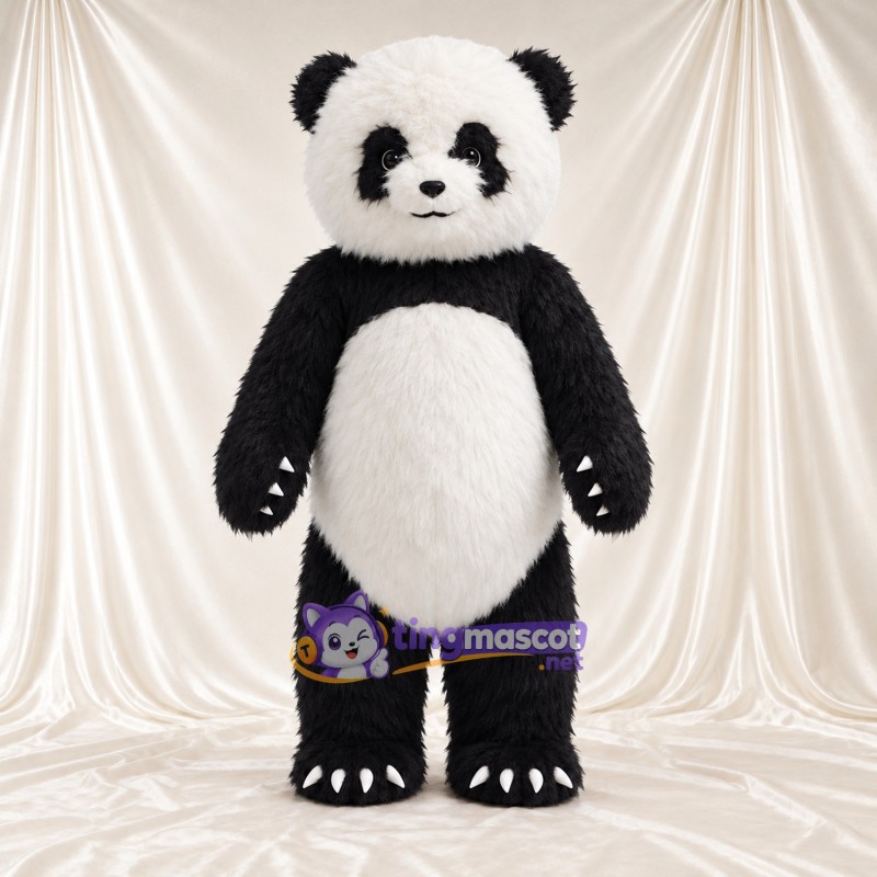 Black and White Panda Mascot Costume - Shaggy Fur and Black Tail Black and White Panda Mascot Costume - Shaggy Fur and Black Tail