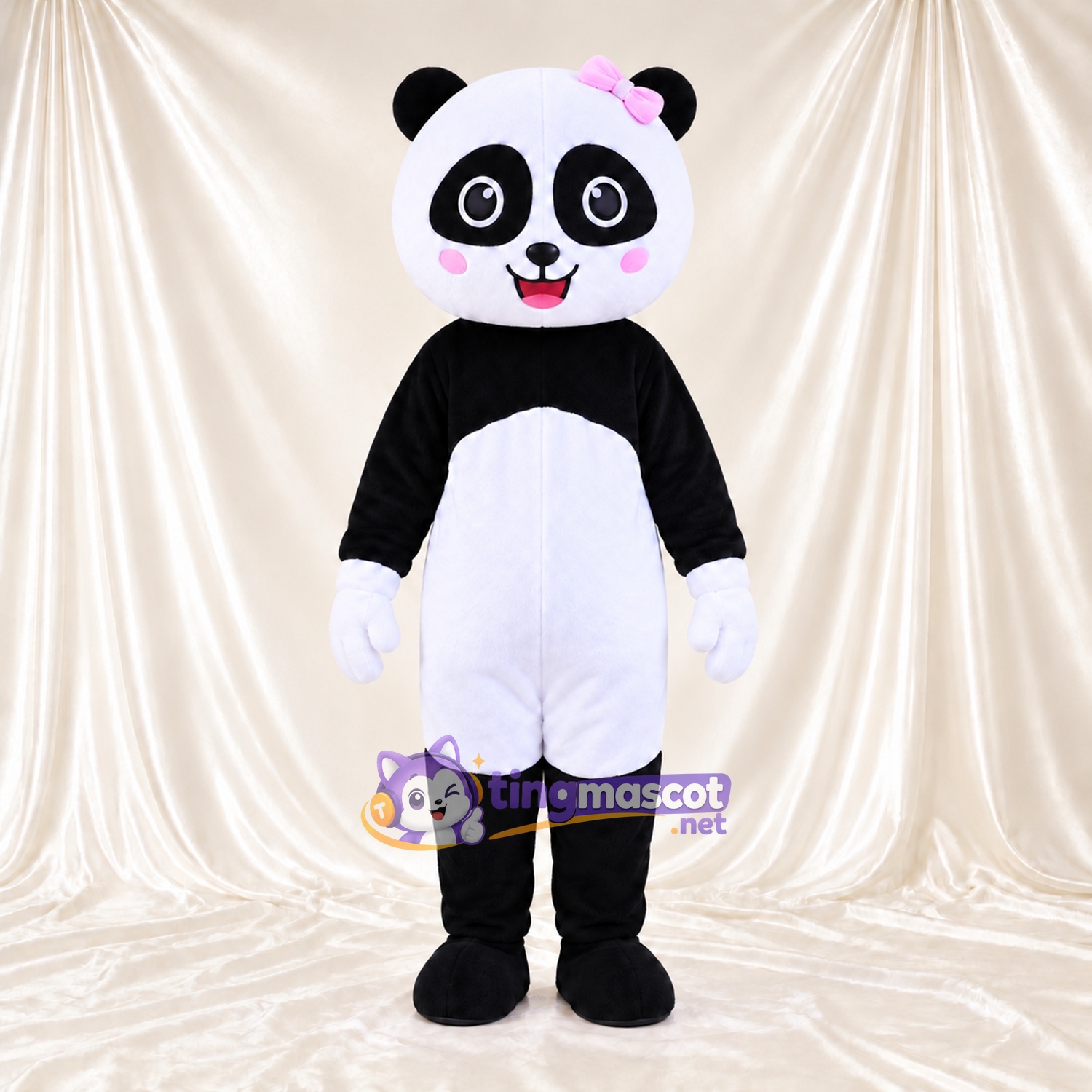 Costume de mascotte Panda – noir / blanc – Nœud dans les cheveux (rose)