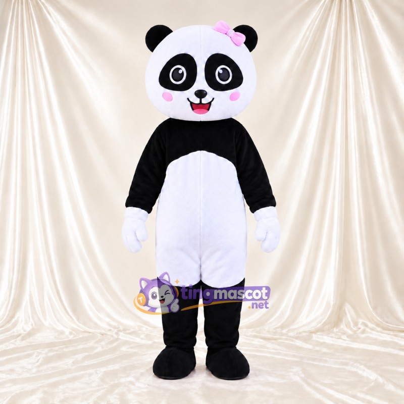 Costume de mascotte Panda – noir / blanc – Nœud dans les cheveux (rose)