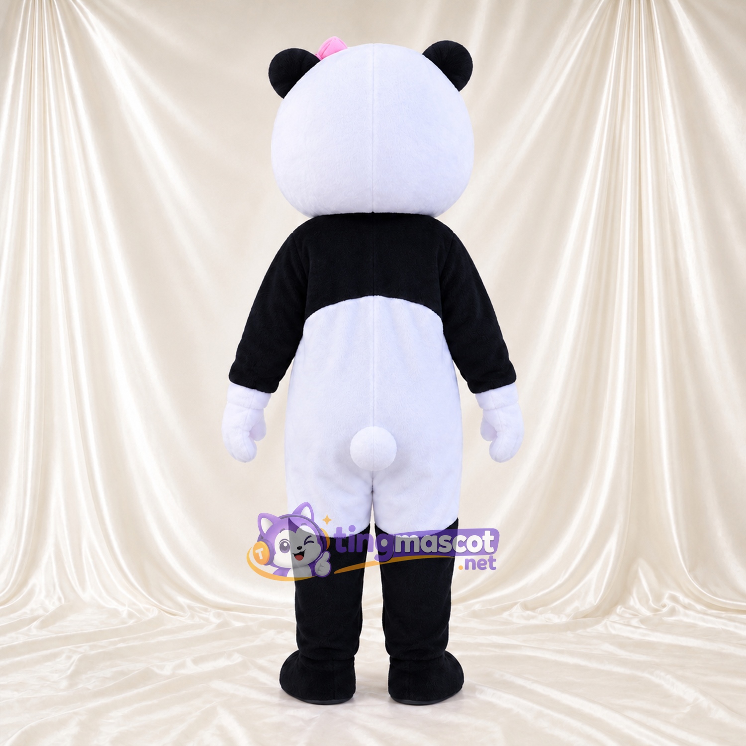 Costume de mascotte Panda – noir / blanc – Nœud dans les cheveux (rose)