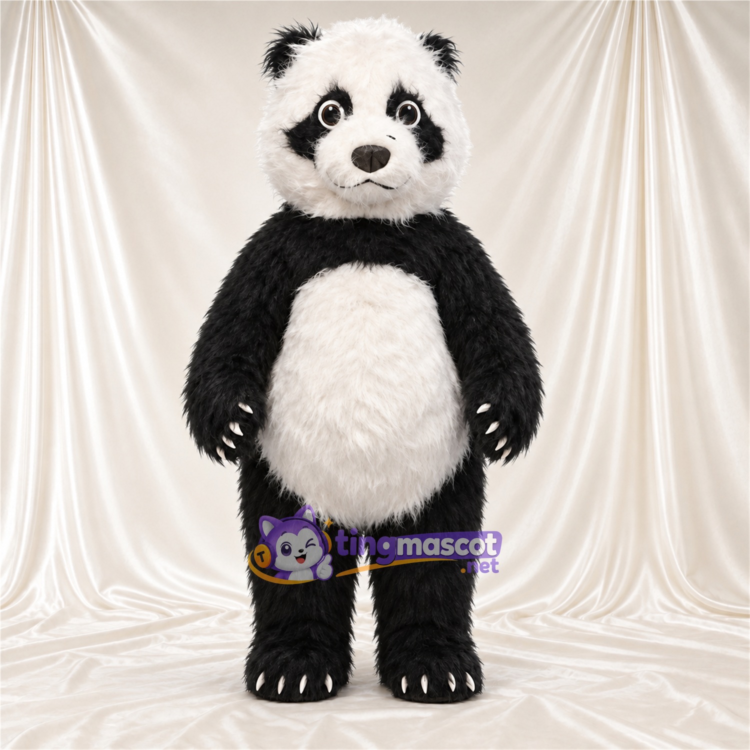 Black and White Panda Mascot Costume - Shaggy Fur and White Claws Black and White Panda Mascot Costume - Shaggy Fur and White Claws