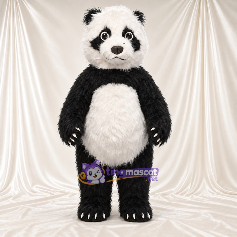Black and White Panda Mascot Costume - Shaggy Fur and White Claws Black and White Panda Mascot Costume - Shaggy Fur and White Claws