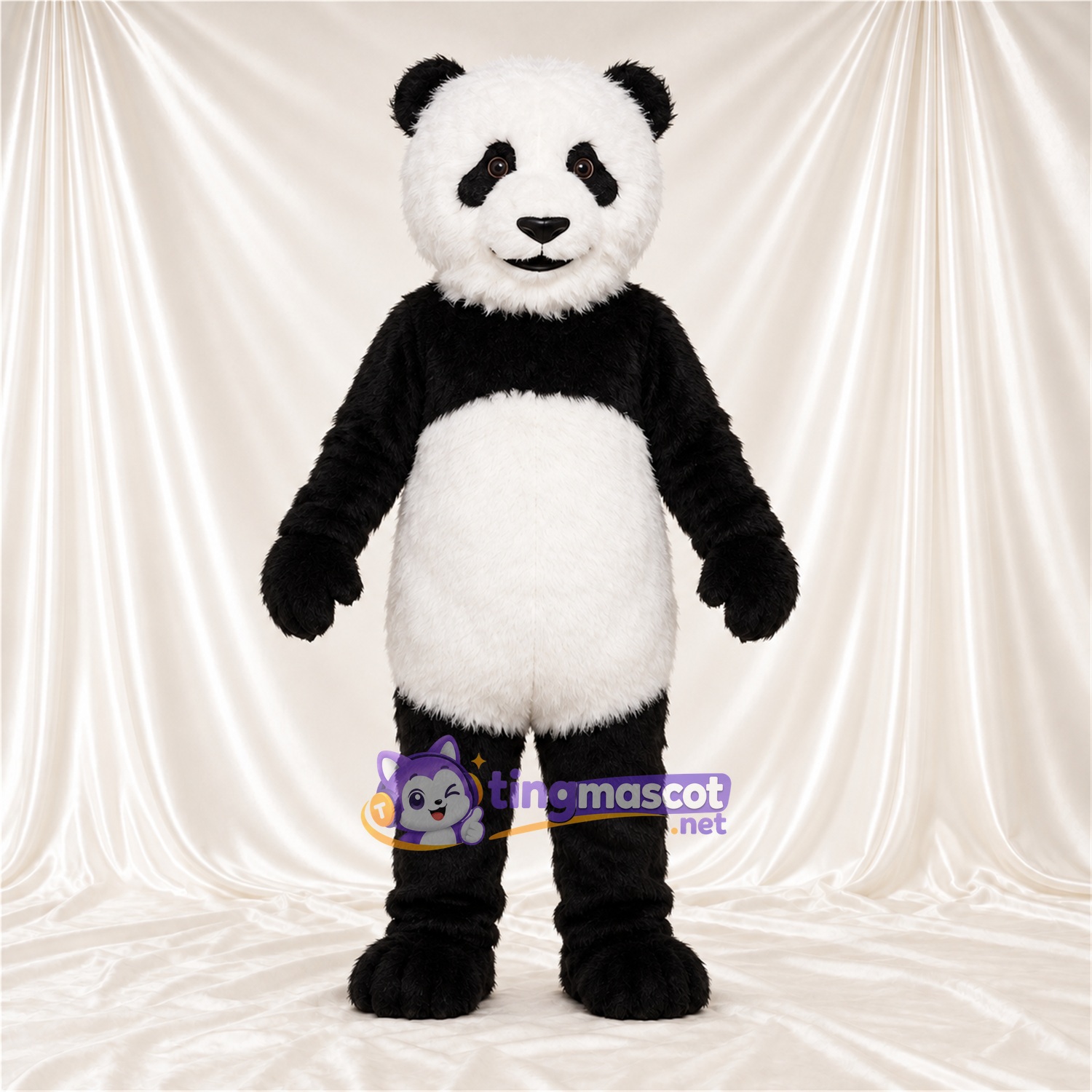 Black and White Panda Mascot Costume - Smiling Face and White Tail Black and White Panda Mascot Costume - Smiling Face and White Tail