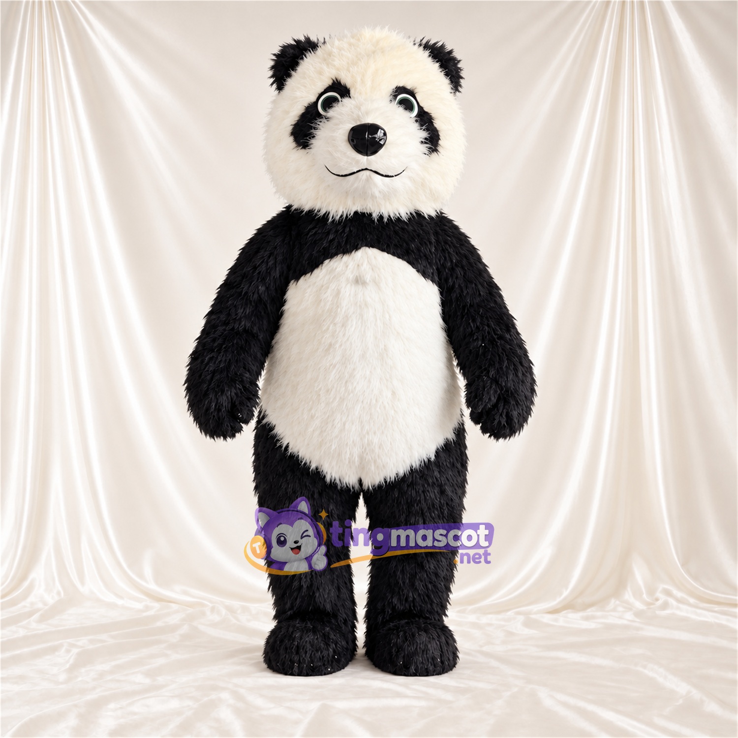 Black and White Panda Mascot Costume - Shaggy Fur and Smiling Face Black and White Panda Mascot Costume - Shaggy Fur and Smiling Face