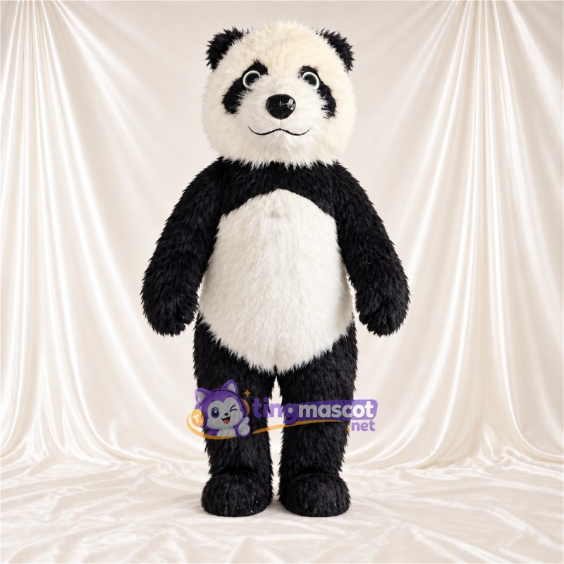 Black and White Panda Mascot Costume - Shaggy Fur and Smiling Face Black and White Panda Mascot Costume - Shaggy Fur and Smiling Face