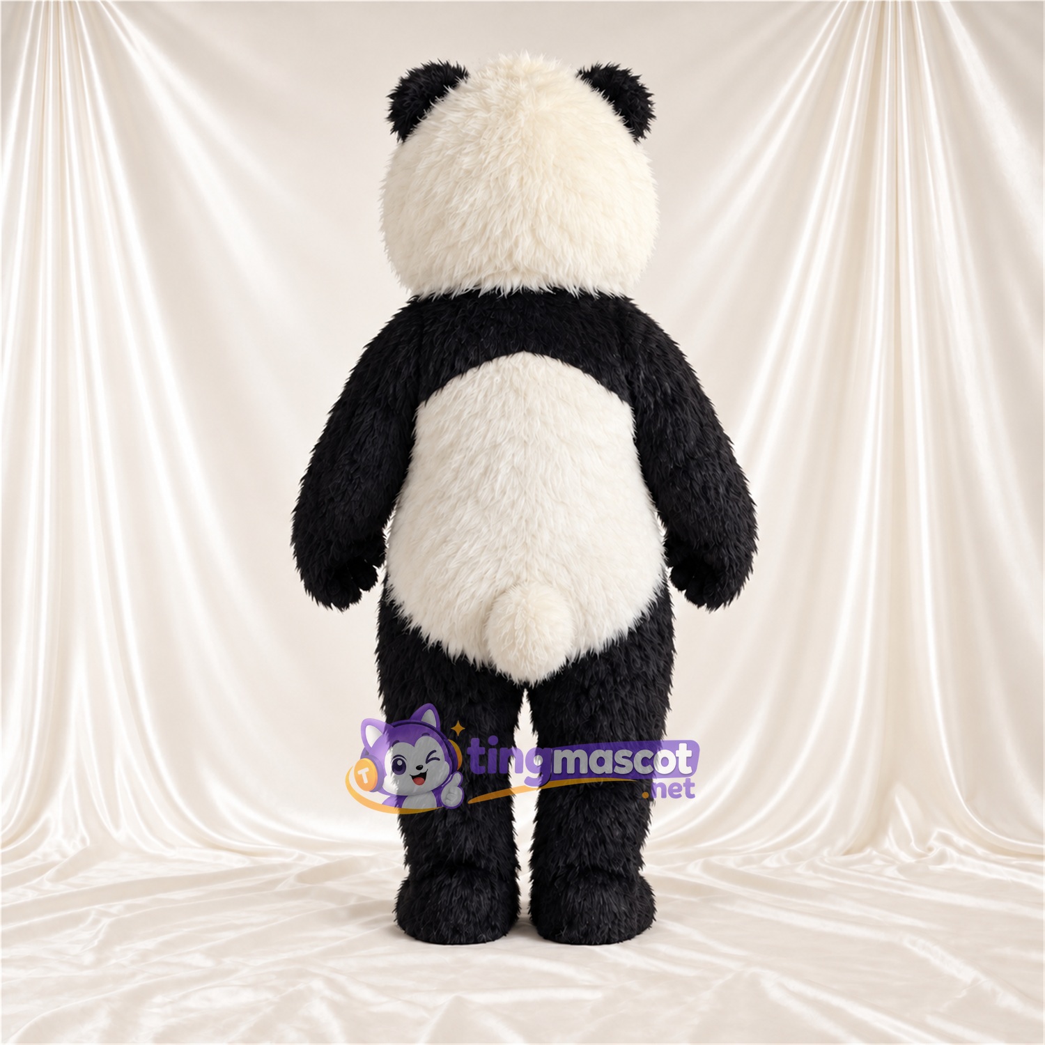 Black and White Panda Mascot Costume - Shaggy Fur and Smiling Face Black and White Panda Mascot Costume - Shaggy Fur and Smiling Face