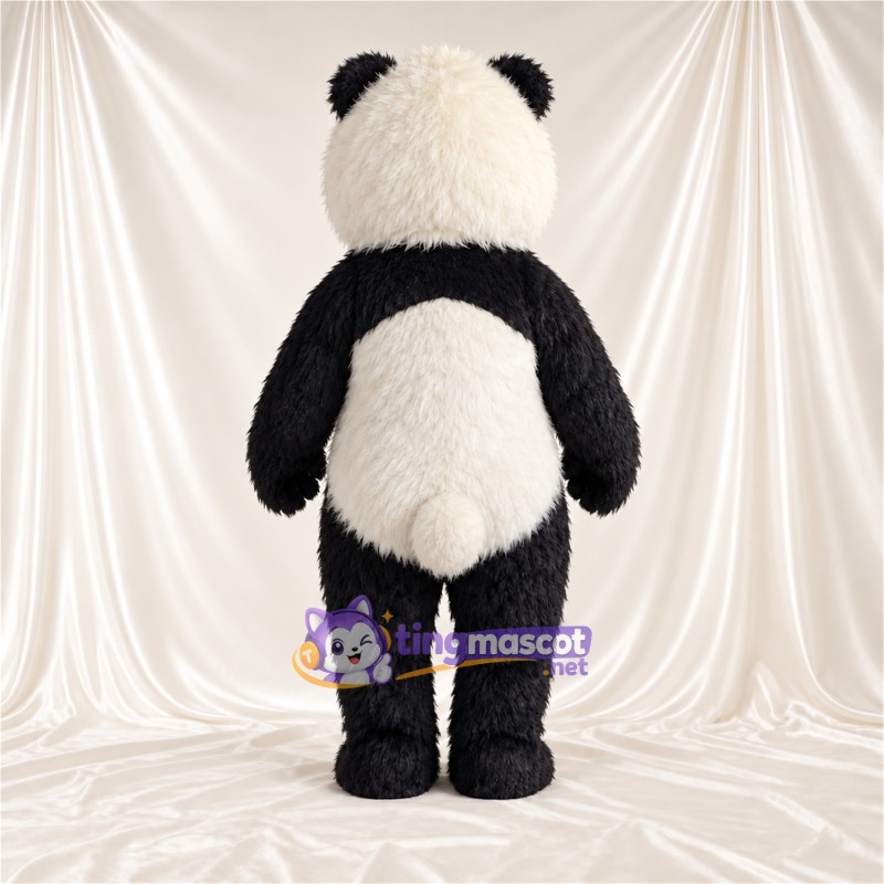 Black and White Panda Mascot Costume - Shaggy Fur and Smiling Face Black and White Panda Mascot Costume - Shaggy Fur and Smiling Face