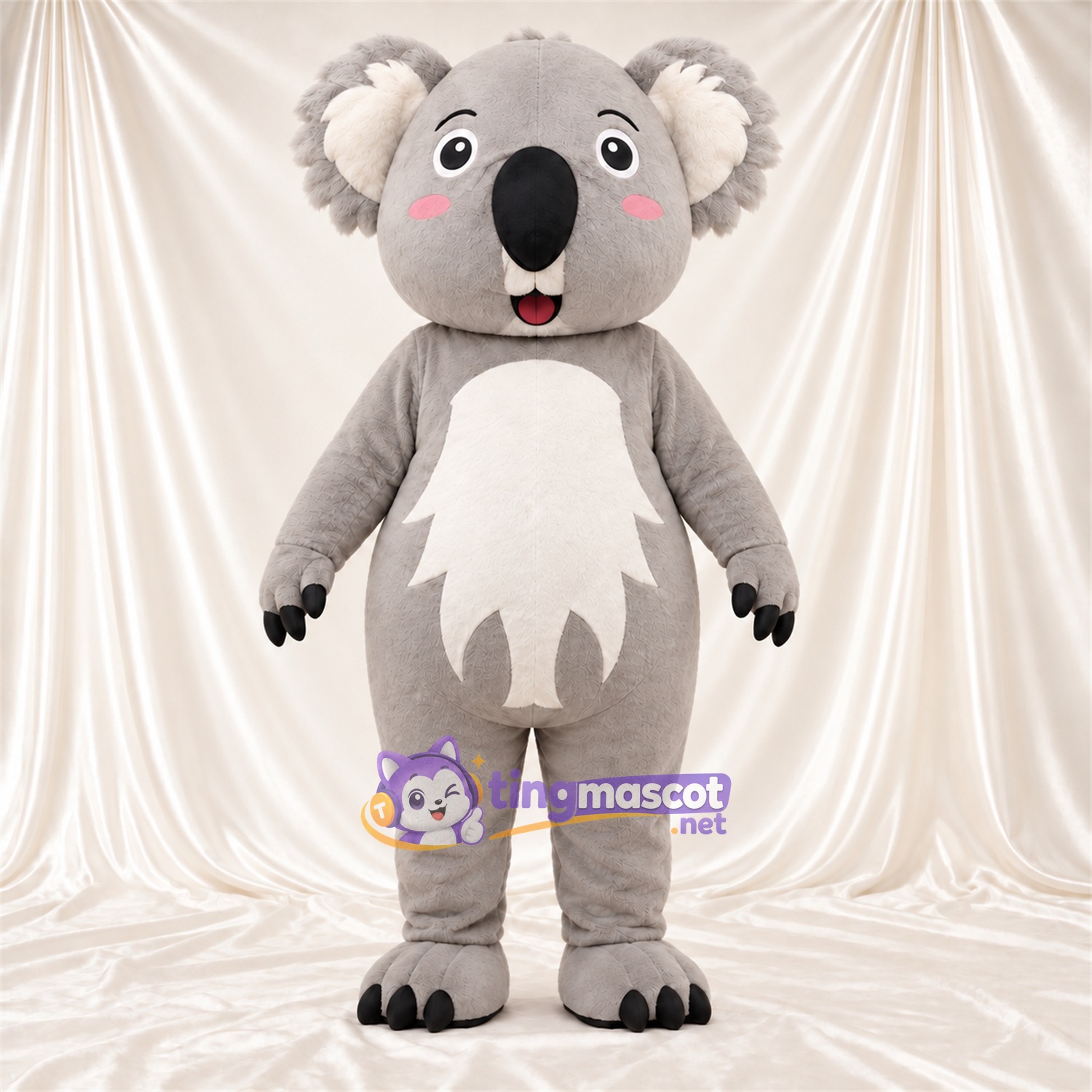 Gray Koala Mascot Costume - Leaf-Shaped White Belly and Pink Cheeks Gray Koala Mascot Costume - Leaf-Shaped White Belly and Pink Cheeks