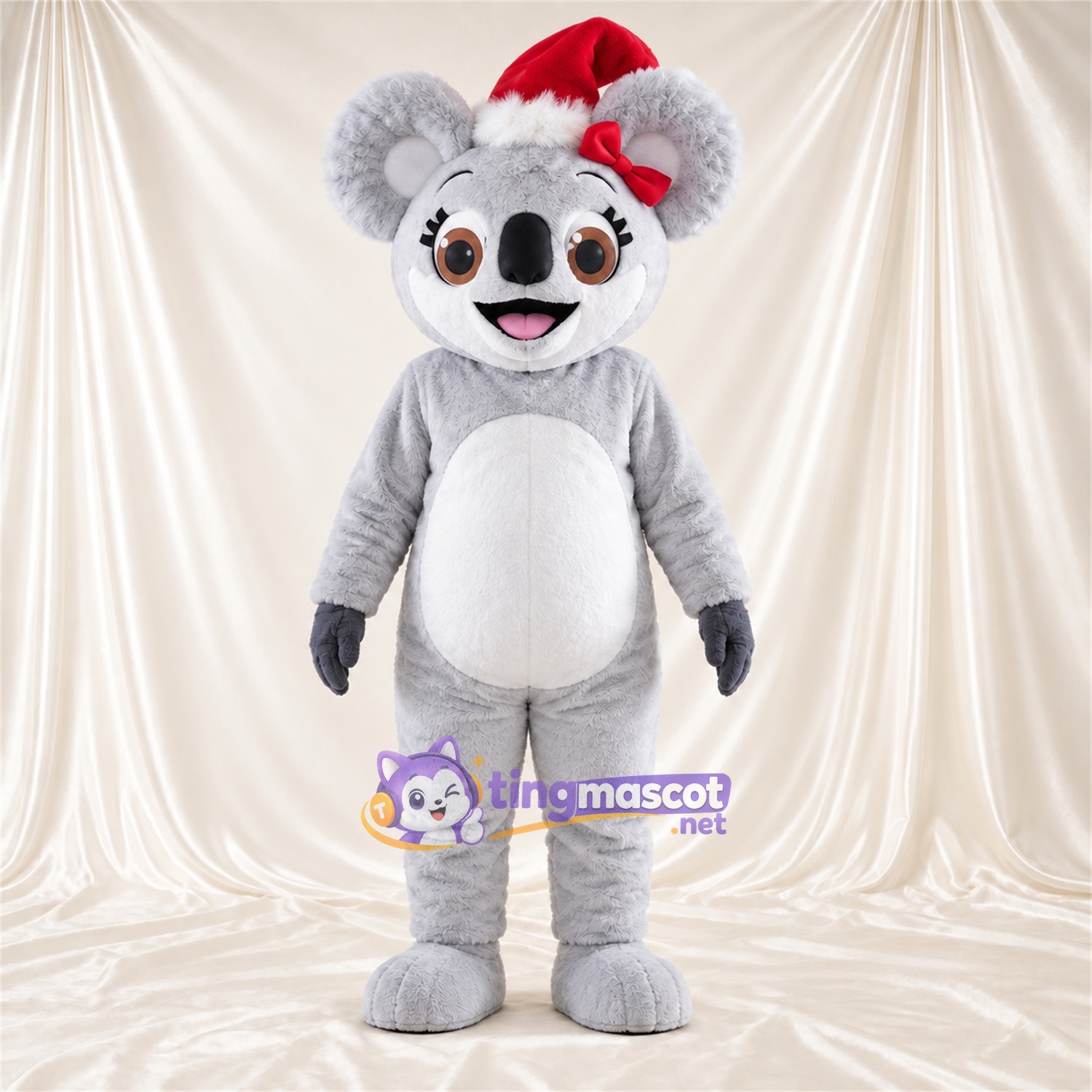 Costume de mascotte Koala – gris – Bonnet de Noël; Ventre (blanc) Costume de mascotte Koala – gris – Bonnet de Noël; Ventre (blanc)