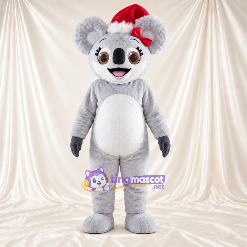 Costume de mascotte Koala – gris – Bonnet de Noël; Ventre (blanc) Costume de mascotte Koala – gris – Bonnet de Noël; Ventre (blanc)