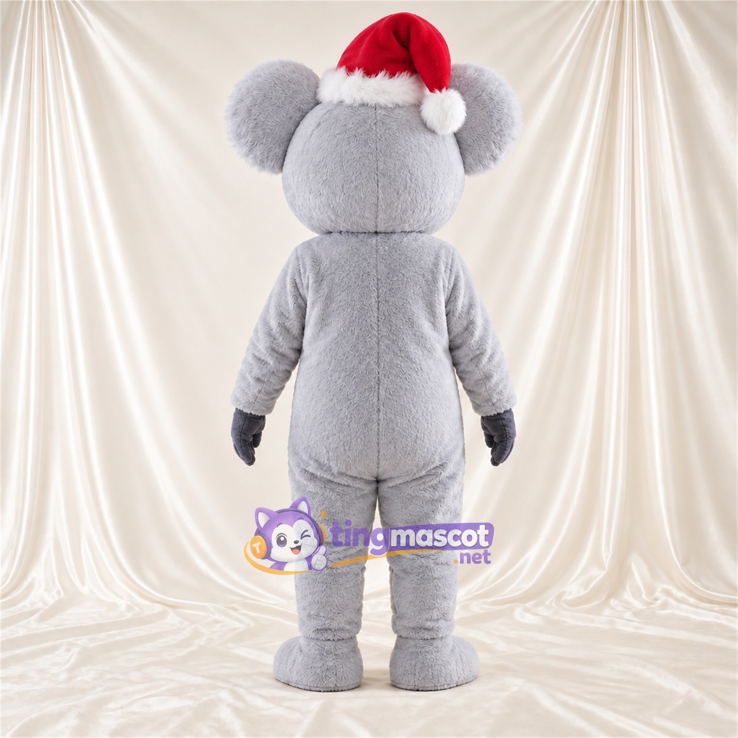 Costume de mascotte Koala – gris – Bonnet de Noël; Ventre (blanc) Costume de mascotte Koala – gris – Bonnet de Noël; Ventre (blanc)