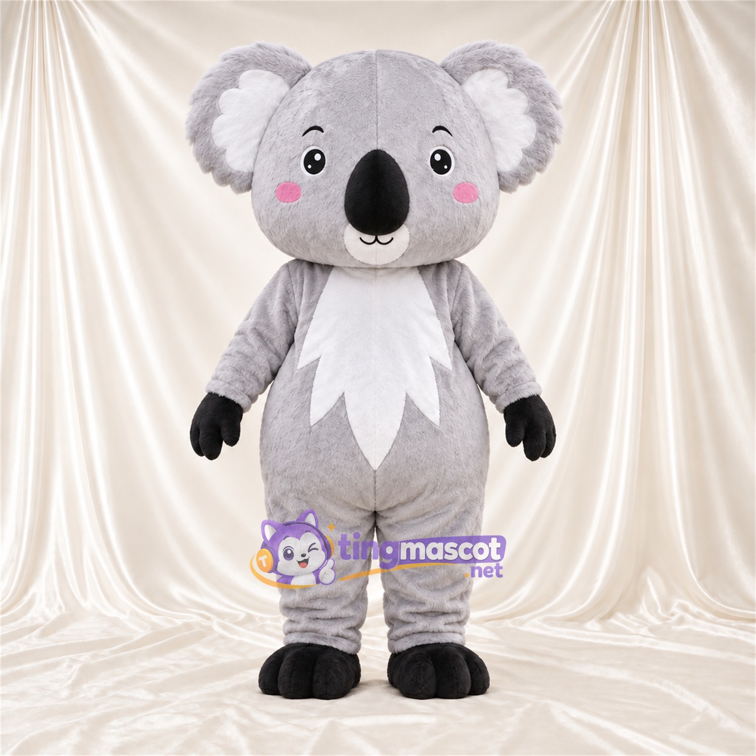 Gray Koala Mascot Costume - Leaf-Shaped White Belly and Black Hands Gray Koala Mascot Costume - Leaf-Shaped White Belly and Black Hands