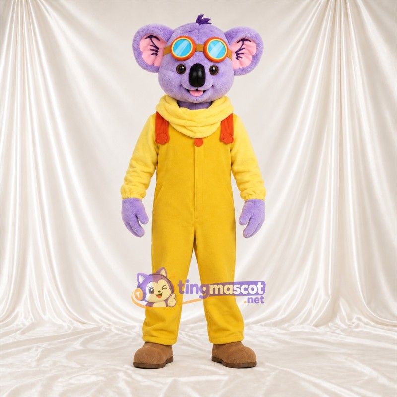 Costume de mascotte Koala – violet – Combinaison (jaune); Écharpe Costume de mascotte Koala – violet – Combinaison (jaune); Écharpe