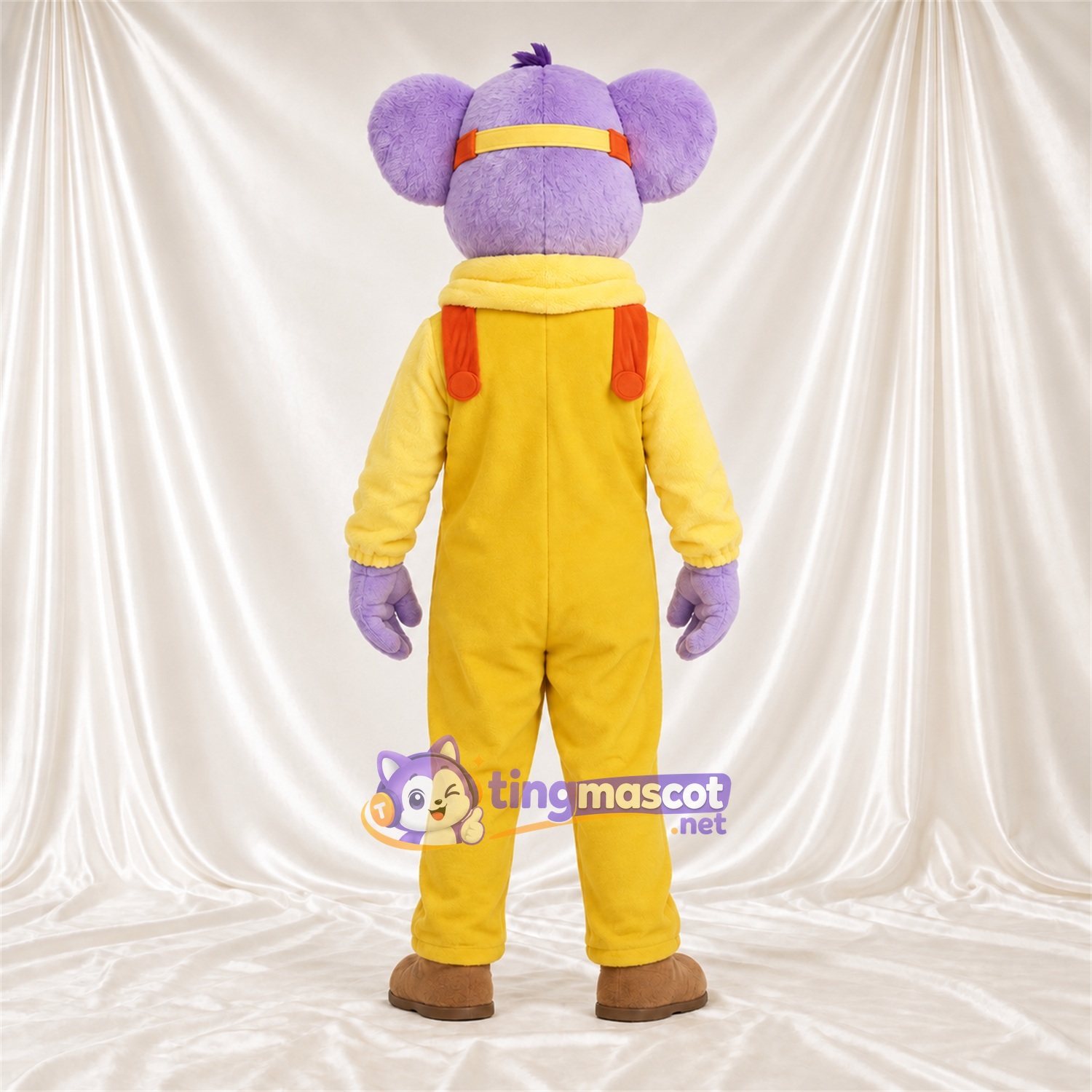 Maskottchenkostüm Koala – violett – Overall (gelb); Schal Maskottchenkostüm Koala – violett – Overall (gelb); Schal
