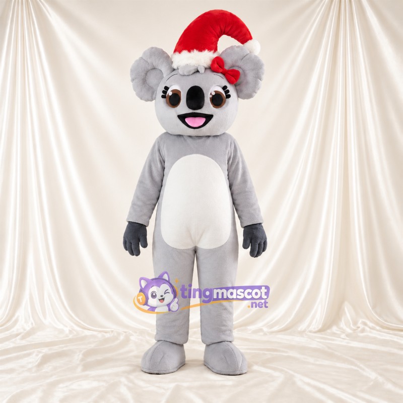 Costume de mascotte Koala – gris – Bonnet de Noël; Ventre (blanc) Costume de mascotte Koala – gris – Bonnet de Noël; Ventre (blanc)