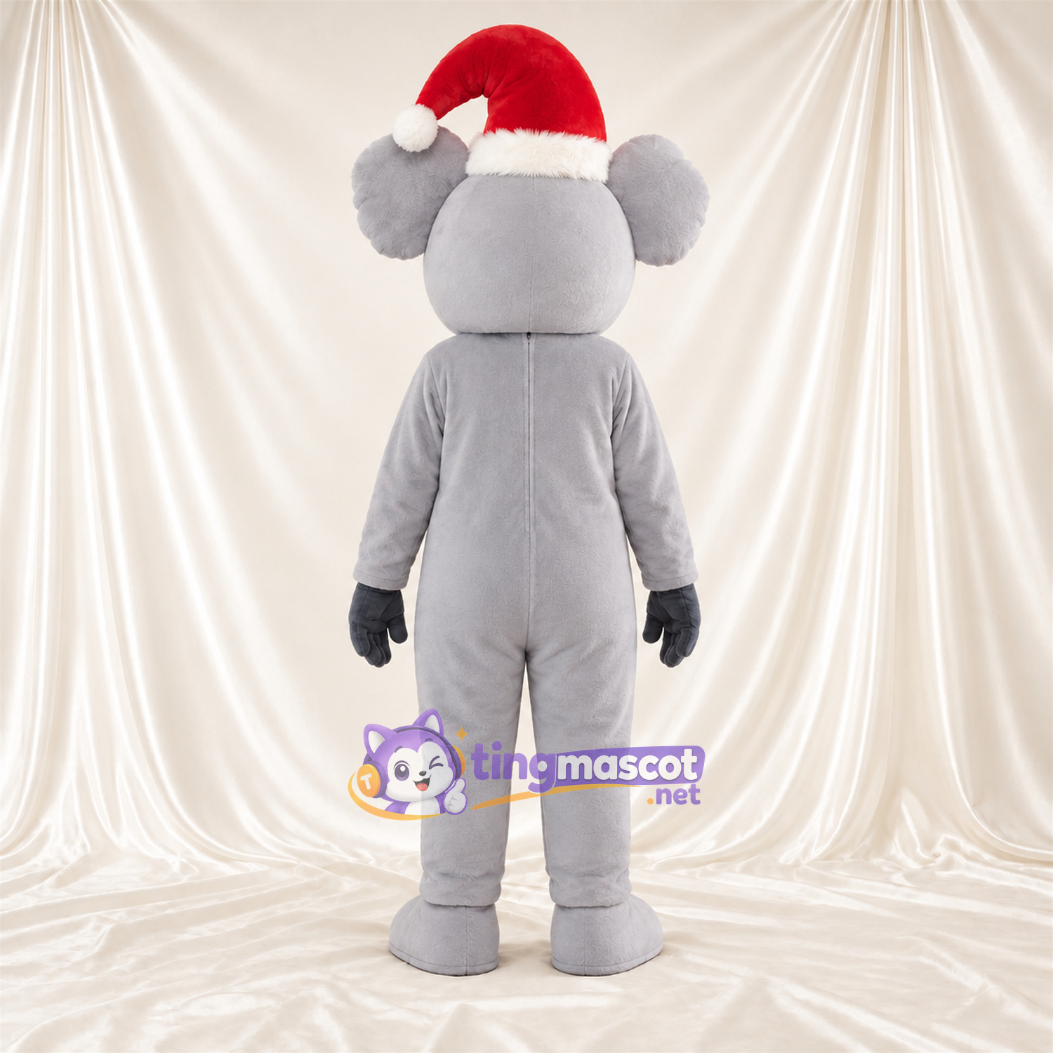 Costume de mascotte Koala – gris – Bonnet de Noël; Ventre (blanc) Costume de mascotte Koala – gris – Bonnet de Noël; Ventre (blanc)