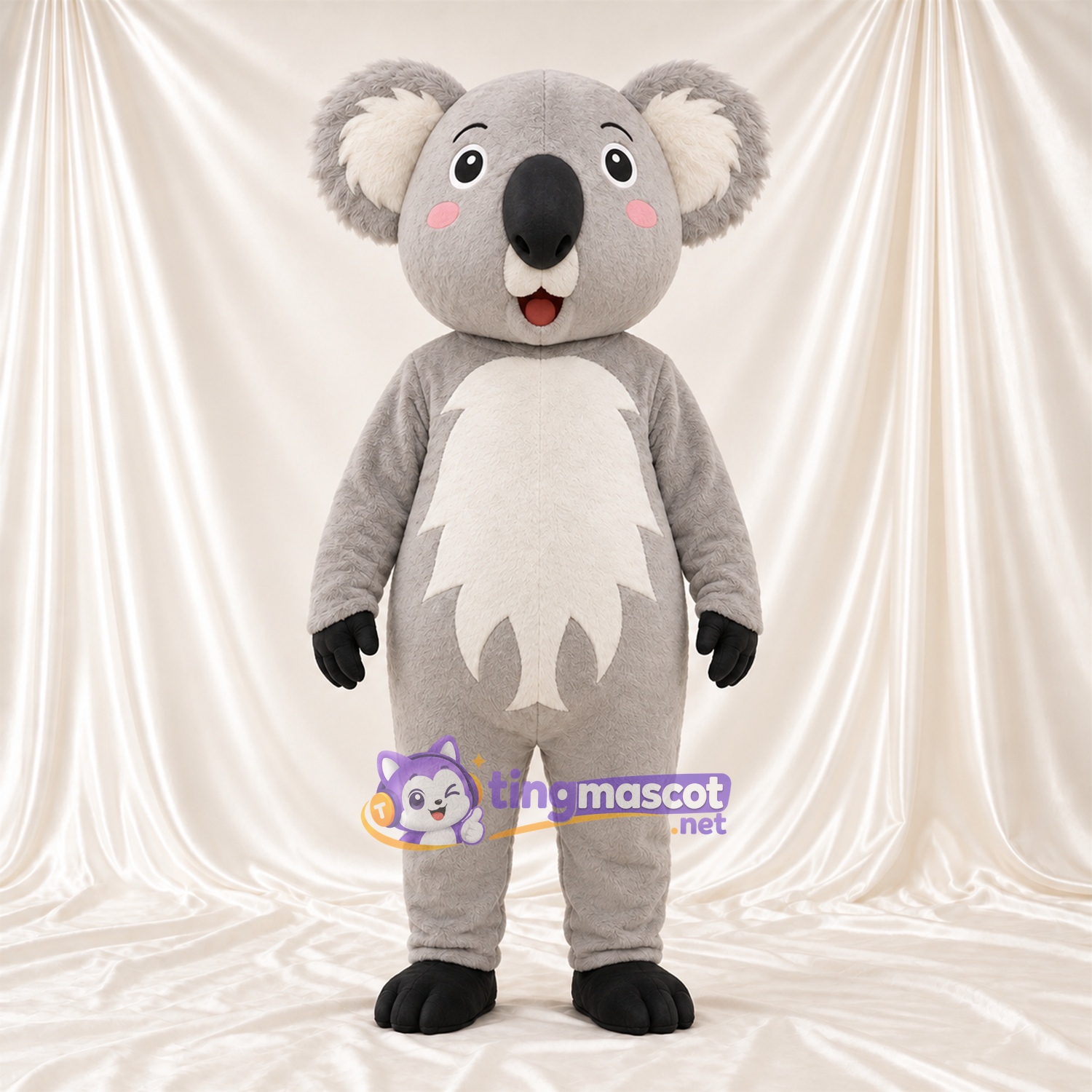 Gray Koala Mascot Costume - Leaf-Shaped White Belly and Black Hands Gray Koala Mascot Costume - Leaf-Shaped White Belly and Black Hands