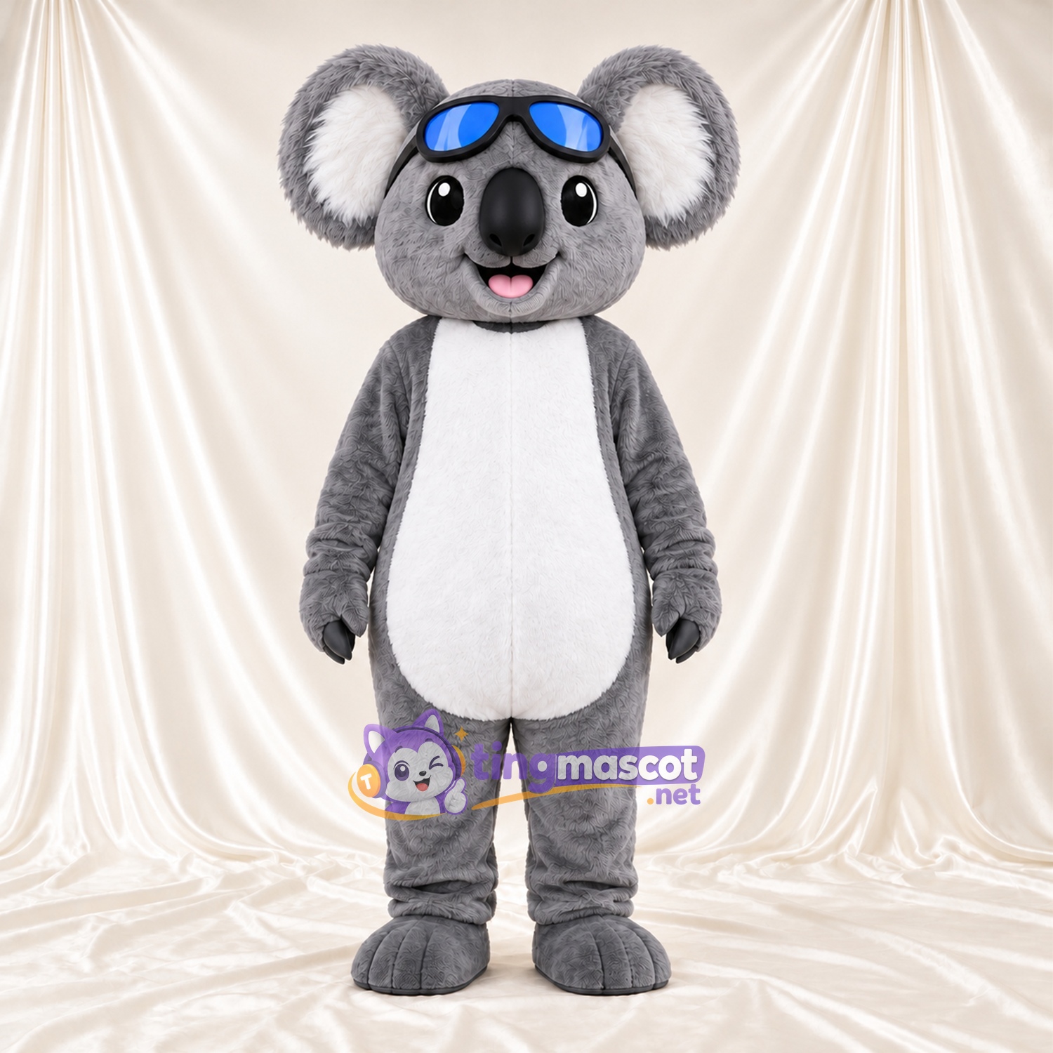 Costume de mascotte Koala – gris – Lunettes de protection (bleu); Ventre (blanc) Costume de mascotte Koala – gris – Lunettes de protection (bleu); Ventre (blanc)