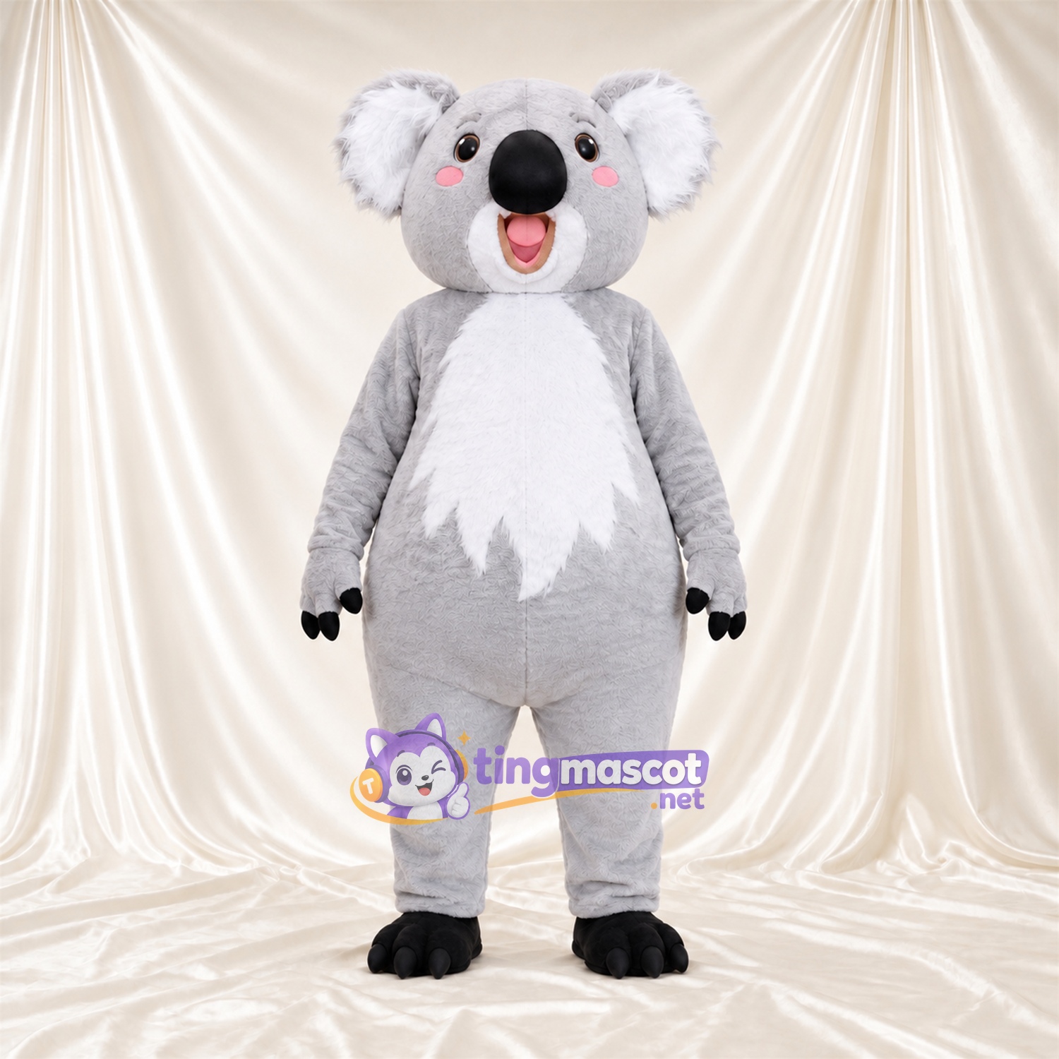 Gray Koala Mascot Costume - Leaf-Shaped White Belly and Open Mouth Gray Koala Mascot Costume - Leaf-Shaped White Belly and Open Mouth